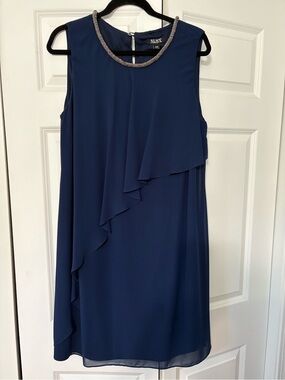 SLNY Navy Beaded-Neck Ruffle Shift Dress